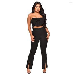 Women's Two Piece Pants 2 Women Set Black Spring Summer Sleeveless Bow Crop Tops And Suits Outfits Fashion Office Lady Matching Sets Outfit