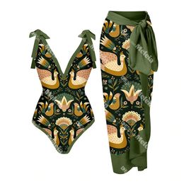 V Neck Slim Swimwear Bohemian Style Dress for Women Fashion Vintage Printed Swimsuit Two Piece Set Beach Clothing