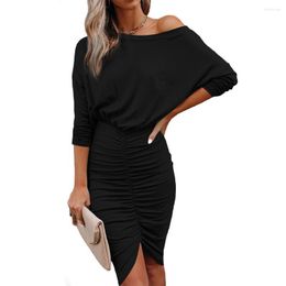 Casual Dresses Woman Dress Long Sleeve Mid Sexy Slanted Shoulder Ruched Women Clothing Classic Summer Party