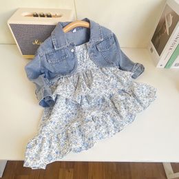 16116 Summer Kids Girls Abbigliamento Set Girl Denim Cappotto corto con bretella Dress Chlildren Princess 2 pezzi Set di abiti