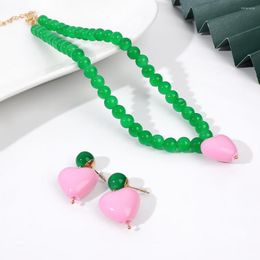 Pendant Necklaces Girls Sweet Pink Heart Earrings Imitation Pearl Color Contrast Earring Korean Design Candy Beaded Necklace