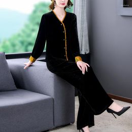 Women's Two Piece Pants Women Black Velvet Suit 2023 Spring Fashion Pullover Tops And Full Set 5XL Female C