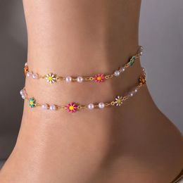 Colourful Flowers Anklets Charms Beaded Pearl Stone Foot Chain Adjustable Summer Jewellery Accessories 2pcs/sets