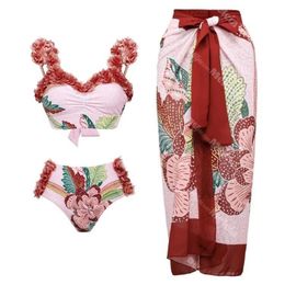 Cute Three Piece Set Swimwear Push Up Lady Bikinis with Padded Flower Printed INS Swimsuit Hot Spring Women Dress