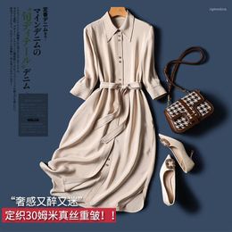 Casual Dresses Vestidos De Mujer Natural Silk A-LINE Mid-Calf Turn-down Collar Three Quarter Sleeve Spring/Summer Single Breasted