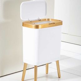 Waste Bins 15L luxury gold trash can suitable for kitchen and bathroom creative four-legged push-pull plastic narrow trash can with a lid 230330