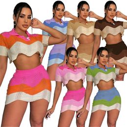 Wholesale Women Two Piece Dress desigmer 2pcs Clothes Suit Crochet Short Sleeve Polo Neck Shirts Mini Skirts Suits Patchwork Beach Outfits 9626