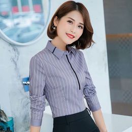 Women's Polos Blue Striped Shirt Longsleeved Spring Autumn Slim Fit Professional Wear Overalls Bottoming Blouse S5XL 230330