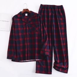 Men's Sleepwear Long Sleeve Cotton Velvet Men's Pyjamas Plus Size Loose Autumn/Winter Checked Home Clothing Elastic Waist Trousers Pyjamas 2pcs 230330