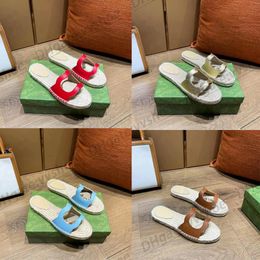 top quality slide designer woman slipper for man luxury interlocking cut-out sandale leather flat summer outside shoe easy to wear Straw beach with box flat sandal