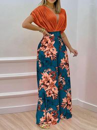 Work Dresses 2023 Summer Sexy Deep V Neck Two Piece Set Women Fashion Solid Blouses High Waist Print Wide-Leg Pants Sets Office Elegant