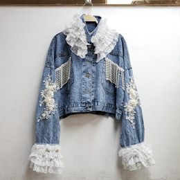 Women's Jackets Cakucool Women Denim Jacket 2023 Ruffles Lace Pearls Beading Tassels Floral Embroidery Sweet Outerwear Short Jacqueta