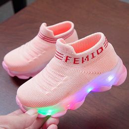 Athletic Outdoor Winter Girls Shoes Sports LED Weave Baby Tenis Casual Breathable Kids Sneakers Socks Shoes Toddler Boy Shoes for 1 2 3 4 5 6 Yrs W0329