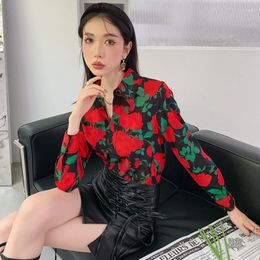 Women's Blouses Damski Top Y2k Women Shirt & Blouse Red Rose Print Long Sleeve Shirts Chic Korean Dtyle Streetwear Camisas Y Blusas