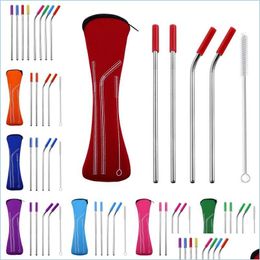 Drinking Straws Reusable Stainless Steel St Set Straight Bent Cleaning Brush 6Pcs / Juice With Travel Neoprene Storage Bag Drop Deli Dhims