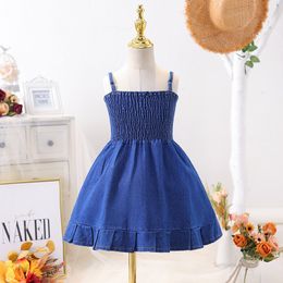 16111 New Summer Kids Girls Denim Dress Girl Suspender Denim Skirt Solid Colour Children Casual Dresses