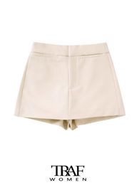 Women's Shorts TRAF Women's Fashion Front Fake Trim Pocket Shorts Vintage High Waist Zipper Flying Women's Skort Mujer 230330