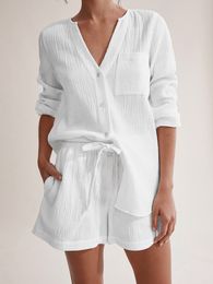 Women's Sleepwear 100Cotton Autumn Suits With Shorts Pijama Pocket Nightwear Single Breasted Nightgown Full Sleeve Women Pajama 230330