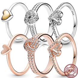 925 Silver Women Fit Pandora Ring Original Heart Crown Fashion Rings Exquisite Hand-painted Love Heart Knot Wishing Bone