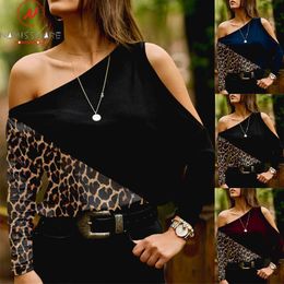 Women's T Shirts Sexy Women Spring Autumn T-Shirts Hollow Out Design Skew Collar Off Shoulder Long Sleeve Leopard Print Casual Loose Top