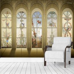 Wallpapers Custom Papel De Parede Fresco European Retro Flower Window 3D Wall Wallpaper Cloth Living Room TV Sofa Background Home Decor