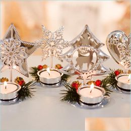 Christmas Decorations Desktop Candle Decoration Iron Heart Tree Snowflake Design Holder Merry Xmas Candlestick Table Top Drop Delive Dh3Ta