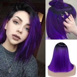 Synthetic Wigs Wignee 2 Tone Ombre Purple Synthetic for Women Middle Part Short Straight Hair High Temperature Cosplay Party Daily 230227