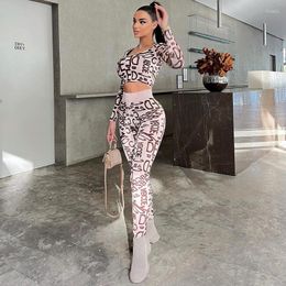 Women's Two Piece Pants Woman Sets 2pcs Rib Suit Letter Printed Long Sleeve Crop T-shirt Skinny Pencil Pant Tracksuit