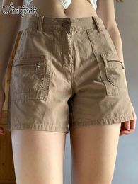 Women s Shorts Waatfaak Khaki Vintage Casual Women Booty Streetwear Pockets Patchwork Cargo Pants Y2K Summer Low Waist Harajuku 230330