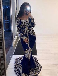 Party Dresses Royal Blue Velvet Mermaid Prom Lace Appliques Long Sleeve Evening Gowns Moroccan Custom Made Saudi Arabic Fromal Dress
