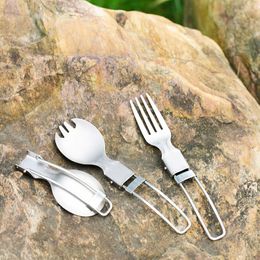 Dinnerware Sets Pure Titanium Portable Foldable Fork Spoon Cutlery Set Spork For Travel Backpacking Lightweight Outdoor Dinner