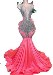 Aso ebi Arabic Pink Mermaid Prom Dress Crystals Beaded Feather Formal Party Second Recestent Birthday Engagement Gowns Robe de Soiree es