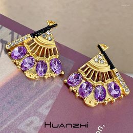 Stud Earrings Vintage Geometry Irregular Transparent Resin Purple Zircon Crystal Metal For Women Girl Dinner Party Jewelry HUANZHI