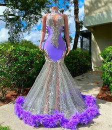 Lavender Lilac High Neck Long Prom Dresses For Black Girls Appliques Evening Gowns Feathers Birthday Party Gown Robe De Bal