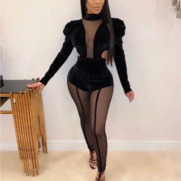 Women's Two Piece Pants OMSJ Autumn Sexy Full Sleeve Velvet Bodycon Bodysuit And Long Solid Mesh Patchwork Fashion Party Club Outfits 2 Pcs