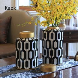 Vases American Style Black White Vase Storage Jar Nordic Light Luxury Desktop Ikebana Dried Flower Home Living Room Decoration