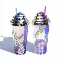 Tumblers Mermaid Plastic Cup With St Creative Electroplated Glitter Doublelayered Water 420Ml Reusable Office Mug Drop Delivery Home Dhleb