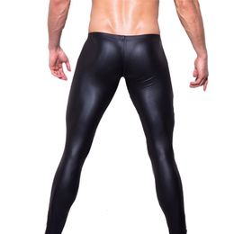 Men's Jeans Sexy Men Lowrise U Bulge Pouch Night Club Stage Performance Tights Bodywear Pants Shiny Faux Leather Leggings Gay Wear 230330
