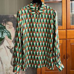 Women's Blouses Green Rhombus Print Color Fashion Lapel 2Xl Shirt Top Vintage Single Breasted Slim Women Spring