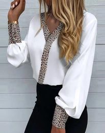 Women's Blouses Woman V-Neck Long Sleeve Leopard Patch Work Shirts Tops Pretty And Women's Lantern Blouse Female Clothing