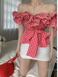 Women's Blouses French Style Temperament Red Plaid Off-Shoulder Blouse For Women Bow Tie Waist Ruffles Slash Neck Shirts Short Sleeve Top