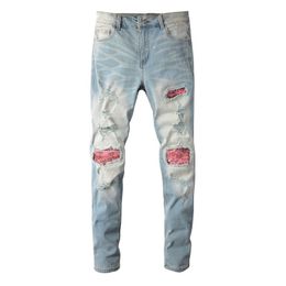 Men's Jeans Steetwear Style Tie Dye Bandana Ribs Patchwork Skinny Stretch Holes Slim Fit Light Blue High Street Distressed Ripped 230330