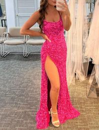 Party Dresses Pink Long Mermaid Prom Dress Stragless Sleeveless Split Side Floor Length Sequined Formal Gowns