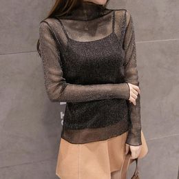 Women's Blouses & Shirts Women Bottoming Shirt Long Sleeve 2023 Solid Colour Gold And Silver Silk Bright Mesh Yarn Slim High Collar Lace Tops