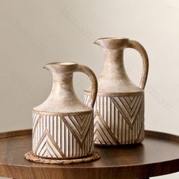 Vases Retro Old Single Ear Pot Ceramic Vase American Stripe Relief Dried Flower Milk Jug Accessories Living Room Decoration