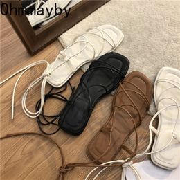 Sandals Summer Women Gladiator Sandal Fashion Cross Stap Open Toe Sandalias Casual Lace Up Beach Flats Shoes 230329