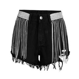 Women's Jeans Summer Shorts Women European And American Loose High Waist Diamond Chain Black Denim