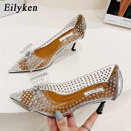 Dress Shoes Design Silver Butterfly-knot Crystal Women Pumps Wedding Stripper Low Heels PVC Transparent Sexy Night Club Femme Shoes 221130