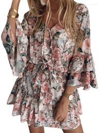 Casual Dresses Summer Boho Floral Mini Dress Women Vacation V Neck Sash Ruffle Flare Sleeve Party Beach Vintage Elegant Vestidos