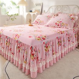 Bed Skirt 100% cotton princess bedding ski pillowcases floral printed bedding rubber belt bedding 230330